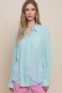 Sky Woven Long Sleeve Button Down Collared Blouse