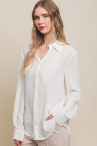 Ivory Woven Long Sleeve Button Down Collared Blouse
