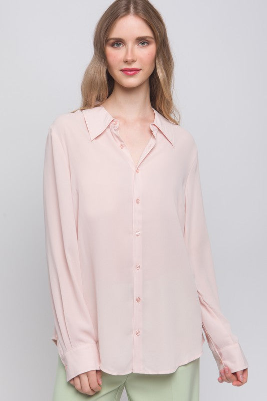 Blush Woven Long Sleeve Button Down Collared Blouse