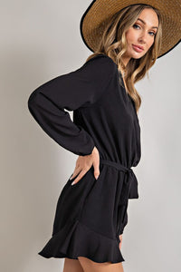 Black V-neck Waist Tie Romper