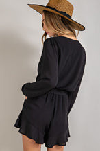 Black V-neck Waist Tie Romper
