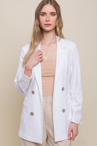 White Classic Slip Pockets Linen Blazer