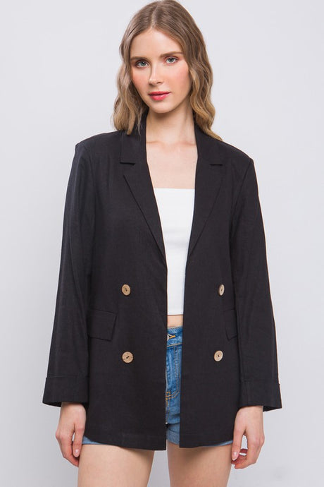 Black Classic Slip Pockets Linen Blazer