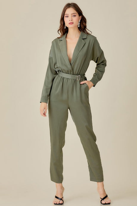 Olive Belted Satin Jumpsuit