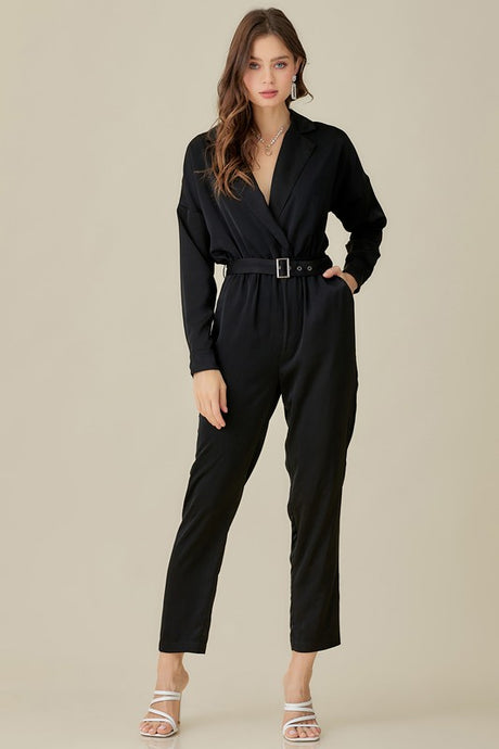 Black Belted Satin Jumpsuit
