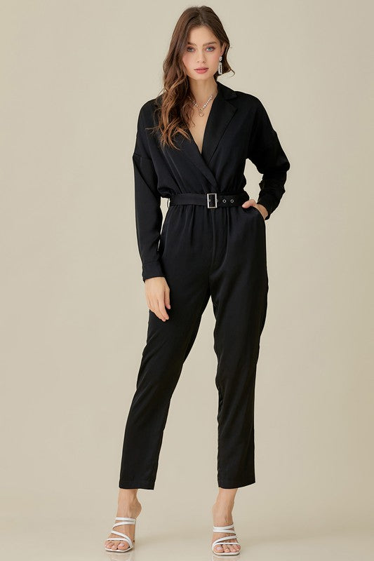 Black Belted Satin Jumpsuit