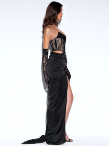 Black Callie Black Lace Satin Corset High Slit Gown