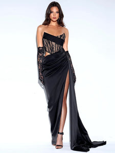 Black Callie Black Lace Satin Corset High Slit Gown