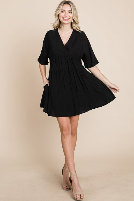 Black Tiered Dolman Sleeve V neck Babydoll Dress