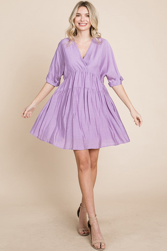 Lavender Tiered Dolman Sleeve V neck Babydoll Dress