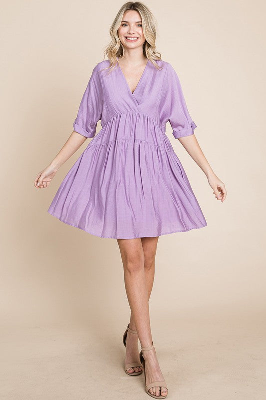 Lavender Tiered Dolman Sleeve V neck Babydoll Dress – Aquarius Brand Lavender Tiered Dolman Sleeve V neck Babydoll Dress – Aquarius Brand