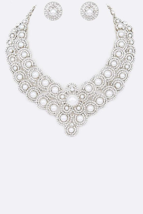 Silver/Clear Pearl Crystal Statement Necklace Set