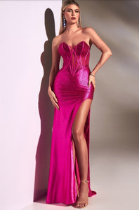Fuchsia Strapless Corset Gown With Hot Stones