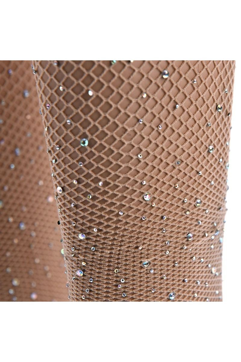 Beige-Ab Pantyhose Rhinestone Stocking Fishnet