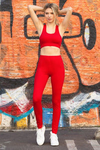 Red Peach Skin Active Cropped Top Leggings Set
