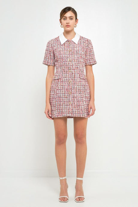 Pink Multi Tweed Collared Short Sleeve Dress