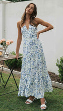 Blue Chiffon V neck Floral Maxi Dress