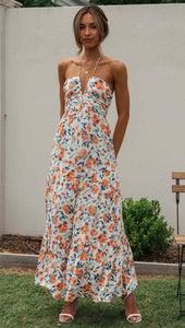 Orange Chiffon V neck Floral Maxi Dress