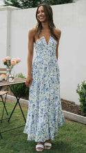 Blue Chiffon V neck Floral Maxi Dress
