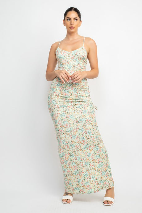 Sage Floral Slit Ruched Maxi Dress