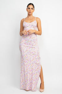 Baby Pink Floral Slit Ruched Maxi Dress