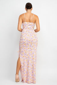 Baby Pink Floral Slit Ruched Maxi Dress