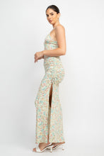 Sage Floral Slit Ruched Maxi Dress