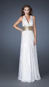 White Thick Beaded Empire Waist Grecian Inspired Chiffon Long Dress