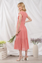 Coral Smocked Tiered Midi Dress