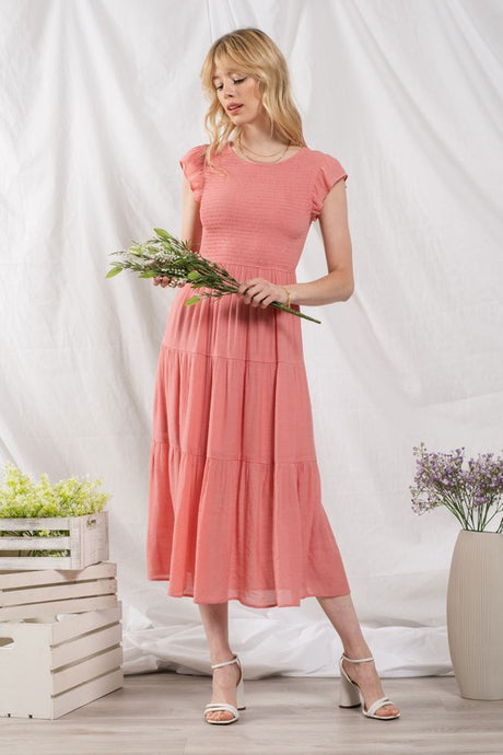 Coral Smocked Tiered Midi Dress