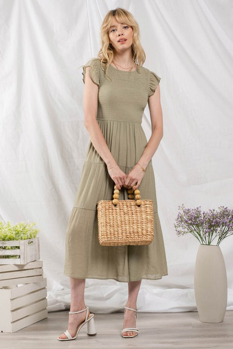 Light Olive Smocked Tiered Midi Dress