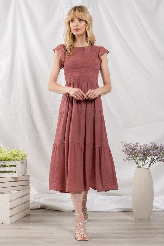 knee length dresses for ladies Dusty Mauve Smocked Tiered Midi Dress – Aquarius Brand
