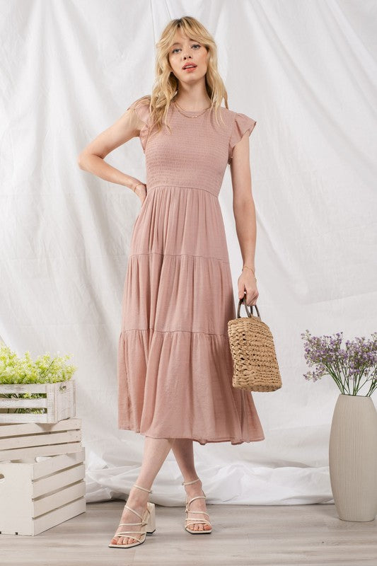 Blush Smocked Tiered Midi Dress