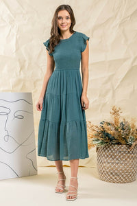 Teal Smocked Tiered Midi Dress Aquarius Brand Teal Smocked Tiered Midi Dress Aquarius Brand