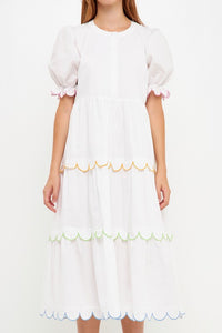 White Multi Contrast Scallop Edge Midi Dress