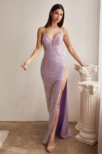 Lavender Strappy Sequin Slit Backless Long Evening Dress