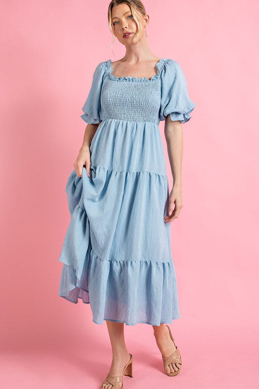 light blue short sleeve midi dress Light Blue Short Puff Sleeve Midi Dress – Aquarius Brand