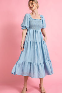 Light Blue Short Puff Sleeve Midi Dress