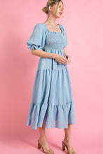 Light Blue Short Puff Sleeve Midi Dress