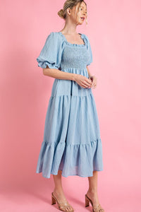 Light Blue Short Puff Sleeve Midi Dress