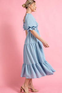 Light Blue Short Puff Sleeve Midi Dress