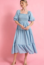 Light Blue Short Puff Sleeve Midi Dress