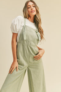 Ash Green Washed Wide Leg Overalls