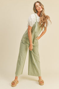 Ash Green Washed Wide Leg Overalls