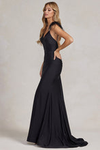Black Feather Shoulder Solid Stretch Trumpet Dress