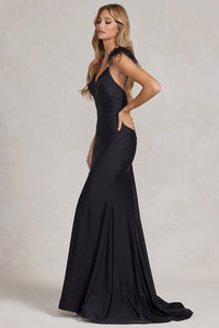 Black Feather Shoulder Solid Stretch Trumpet Dress