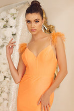 Neon Orange Feather Shoulder Solid Stretch Trumpet Dress