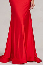 Red Feather Shoulder Solid Stretch Trumpet Dress