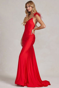 Red Feather Shoulder Solid Stretch Trumpet Dress