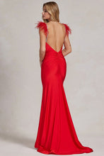 Red Feather Shoulder Solid Stretch Trumpet Dress